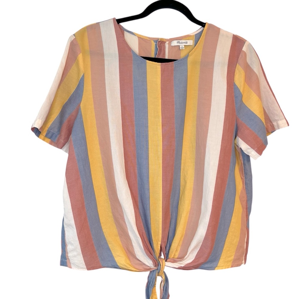 Madewell Button Back Tie Tee in Sherbet Stripe Short Sleeve Cotton Blouse Beach - Picture 2 of 10